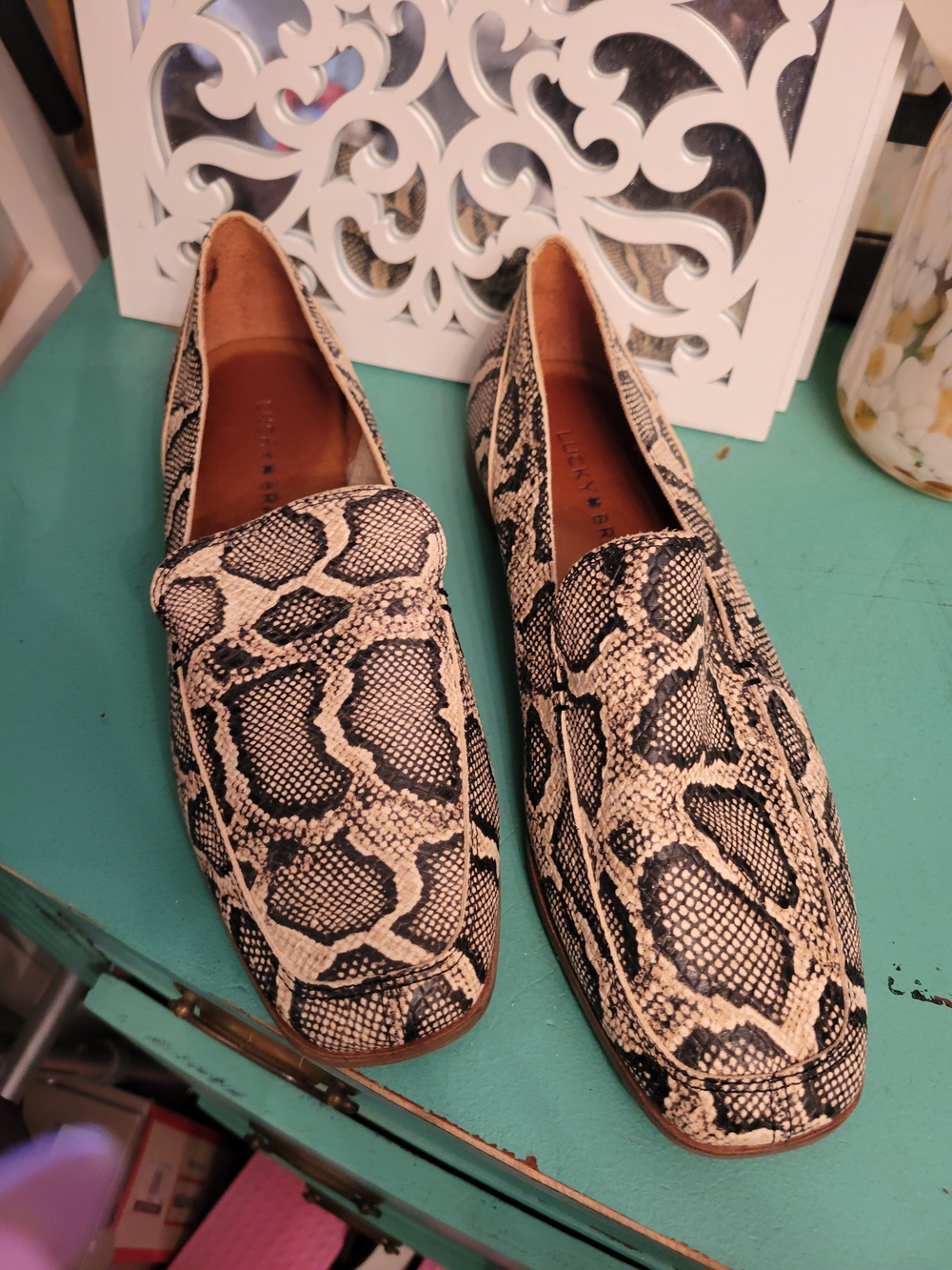 Lucky Brand Snake-Print Slip-On Loafers in Beige and Black